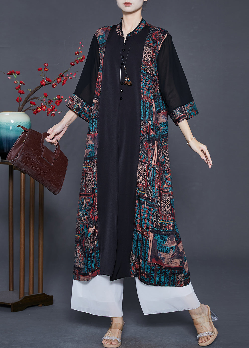 Black Mandarin Collar Patchwork Print Silk Cardigans Spring