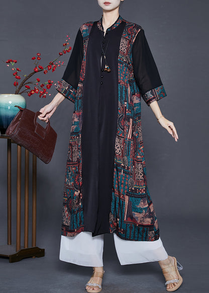 Black Mandarin Collar Patchwork Print Silk Cardigans Spring