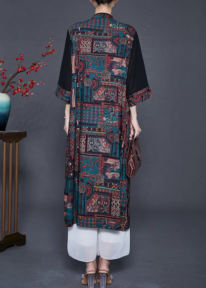 Black Mandarin Collar Patchwork Print Silk Cardigans Spring