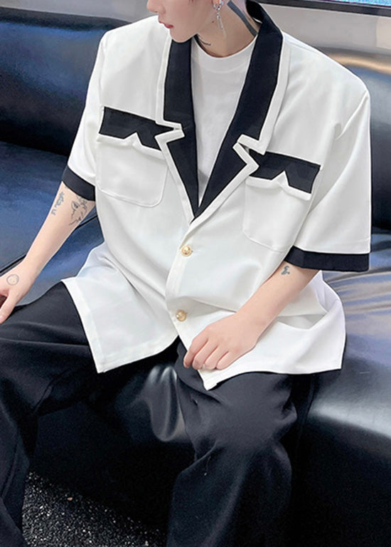 Black Notched Button Patchwork Cotton Shirts Summer
