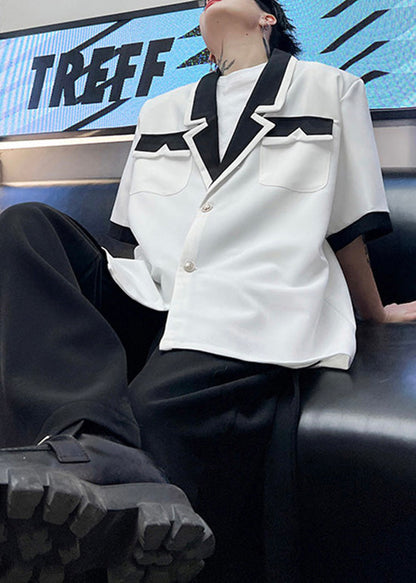 Black Notched Button Patchwork Cotton Shirts Summer