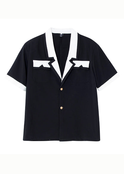 Black Notched Button Patchwork Cotton Shirts Summer