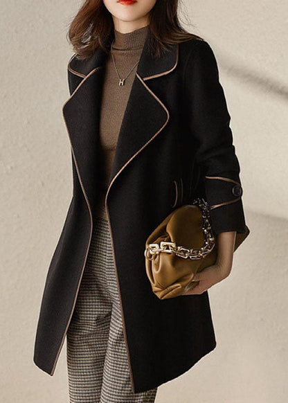 Black Notched Patchwork Pockets Tie Waist Woolen Coats Fall