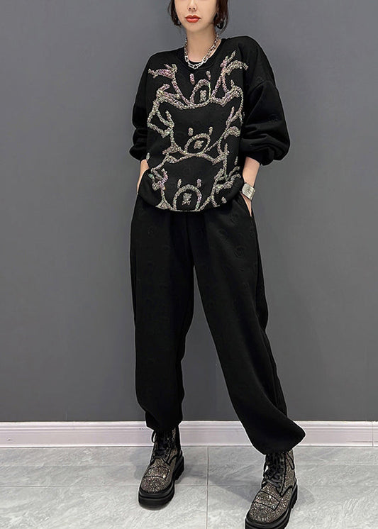 Black O-neck Animal Print Pullover and Pants Two Pieces Set Fall