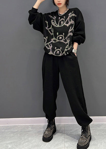 Black O-neck Animal Print Pullover and Pants Two Pieces Set Fall