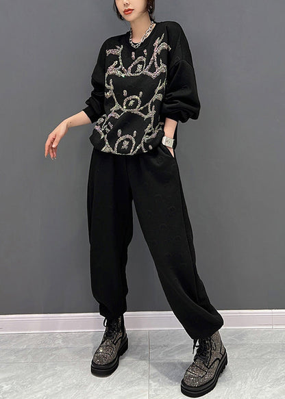 Black O-neck Animal Print Pullover and Pants Two Pieces Set Fall