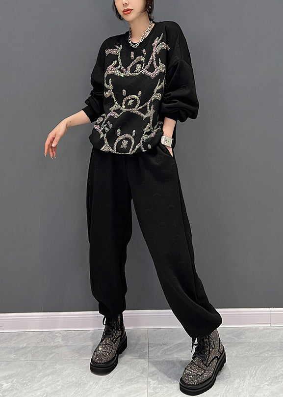 Black O-neck Animal Print Pullover and Pants Two Pieces Set Fall