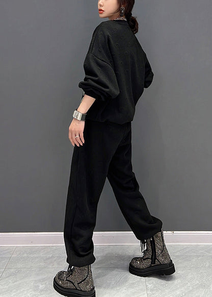Black O-neck Animal Print Pullover and Pants Two Pieces Set Fall