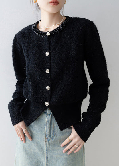 Black O Neck Button Knit Cardigans Spring