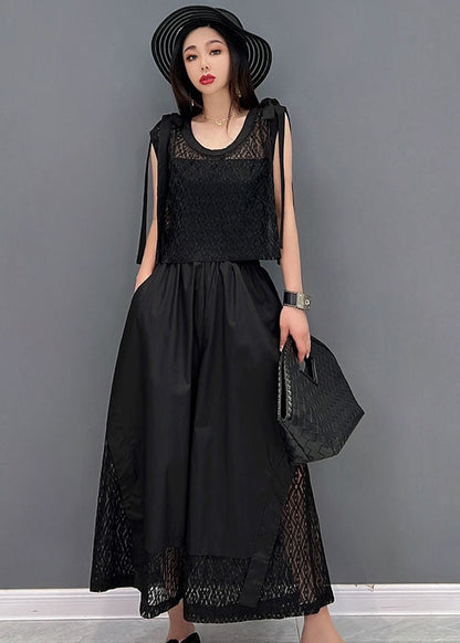 Black O-neck Hollow Out Lace Patchwork Cotton Vest Tops and Wide Leg Pants Two Pieces Set Summer