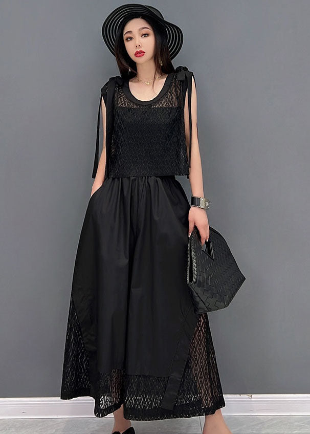 Black O-neck Hollow Out Lace Patchwork Cotton Vest Tops and Wide Leg Pants Two Pieces Set Summer