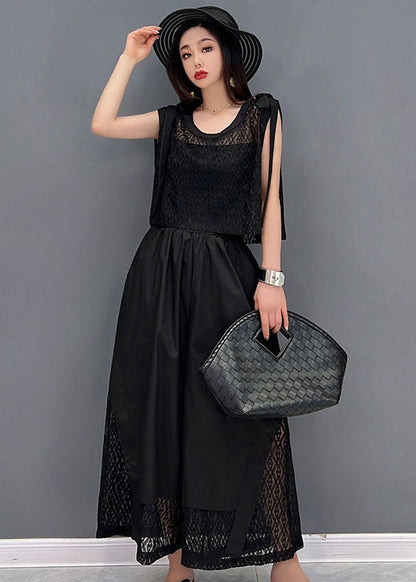Black O-neck Hollow Out Lace Patchwork Cotton Vest Tops and Wide Leg Pants Two Pieces Set Summer
