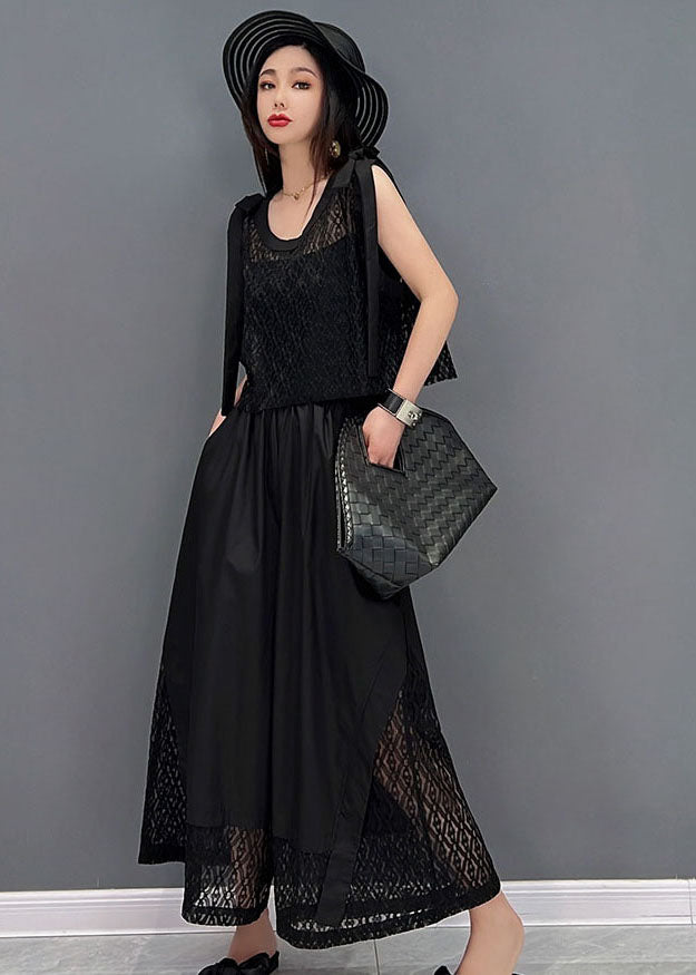 Black O-neck Hollow Out Lace Patchwork Cotton Vest Tops and Wide Leg Pants Two Pieces Set Summer