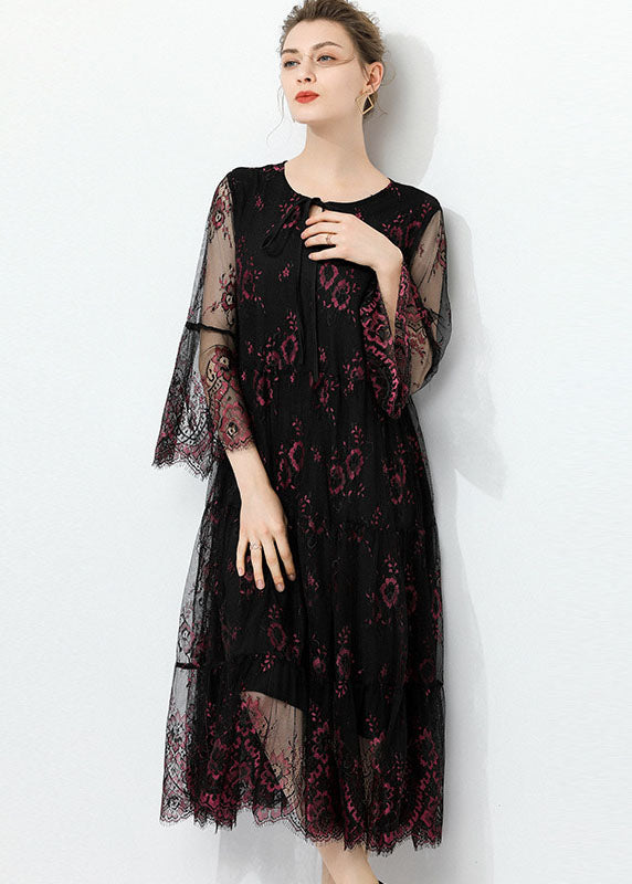 Black O Neck Hollow Out Lace Patchwork Tulle Dress Summer
