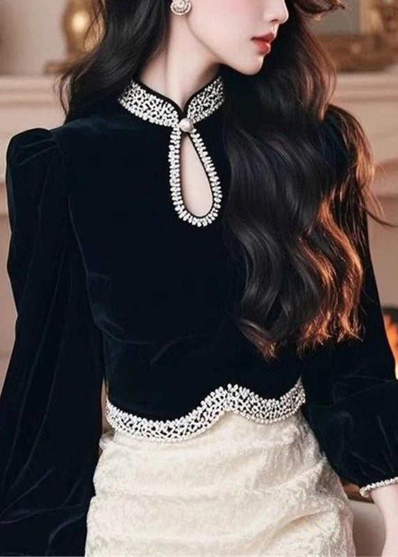 Black O-neck Patchwork Silk Velour Top Lantern Sleeve