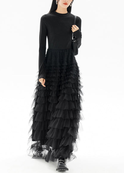Black O-neck Patchwork Tulle Long Dresses Fall