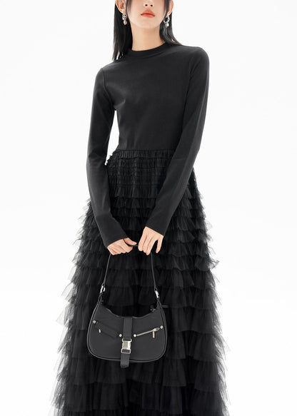 Black O-neck Patchwork Tulle Long Dresses Fall