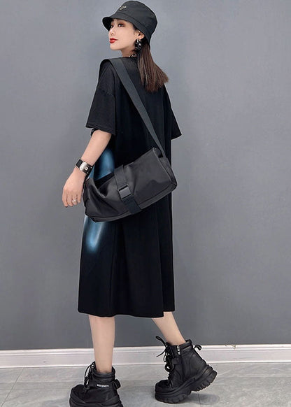 Black O-neck Print Cotton Dress Short Sleeve