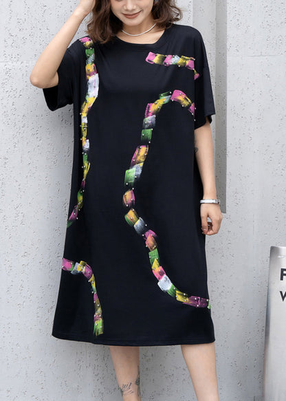 Black O Neck Print Nail Bead Cotton Dress Summer