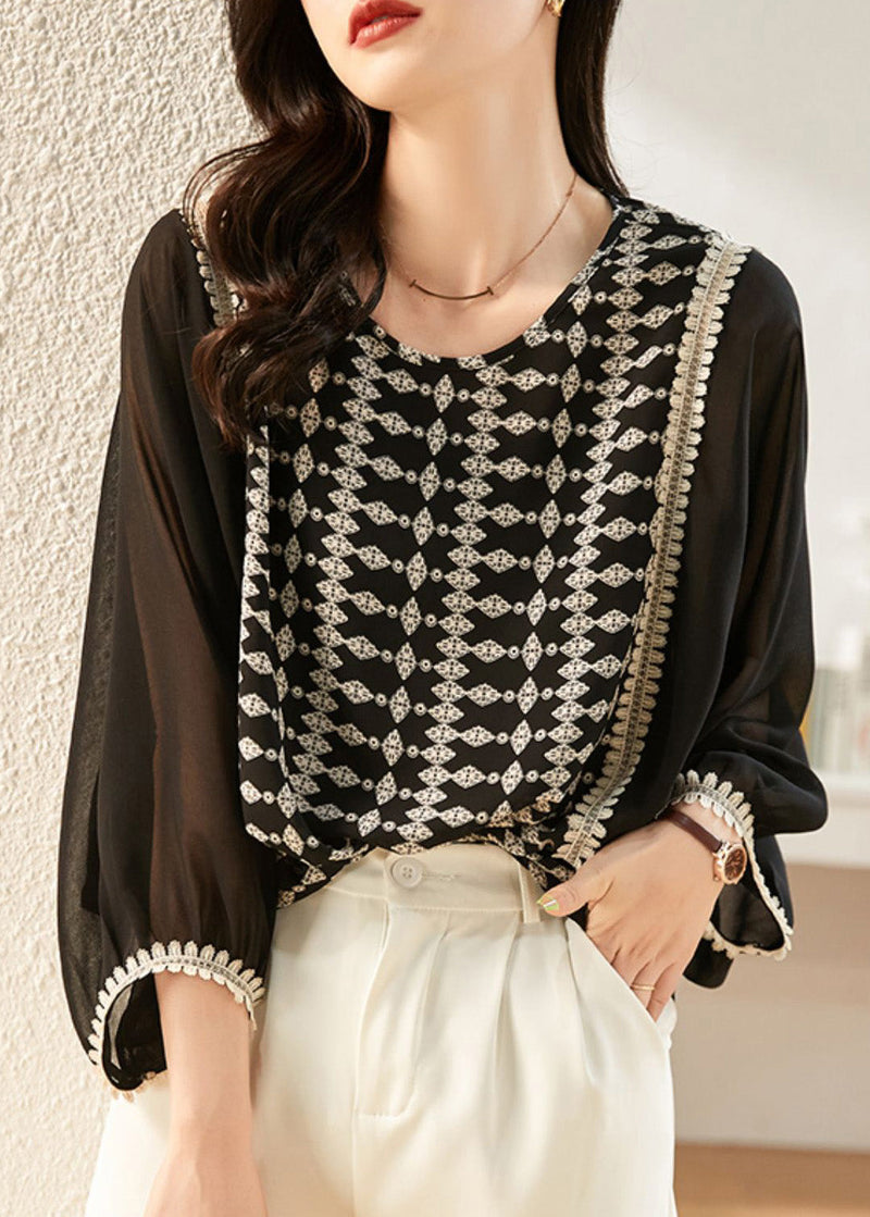 Black O-neck Print Patchwork Chiffon Shirt Long Sleeve