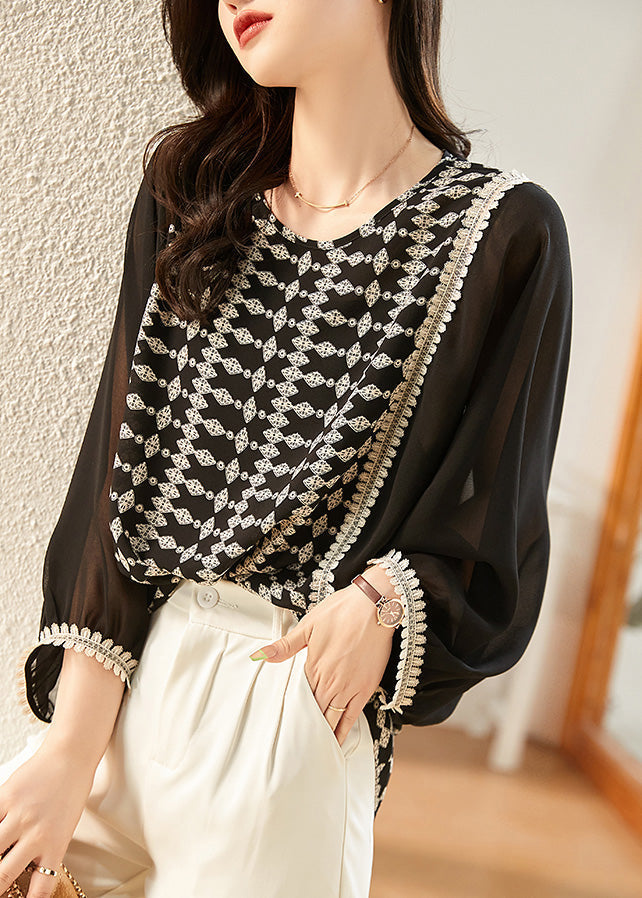 Black O-neck Print Patchwork Chiffon Shirt Long Sleeve