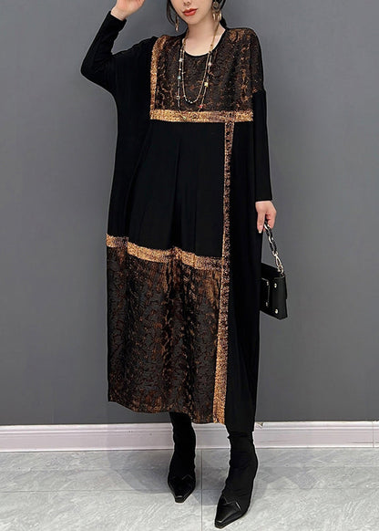 Black O-neck Print Patchwork Maxi Dresses Fall