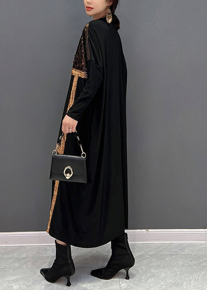 Black O-neck Print Patchwork Maxi Dresses Fall