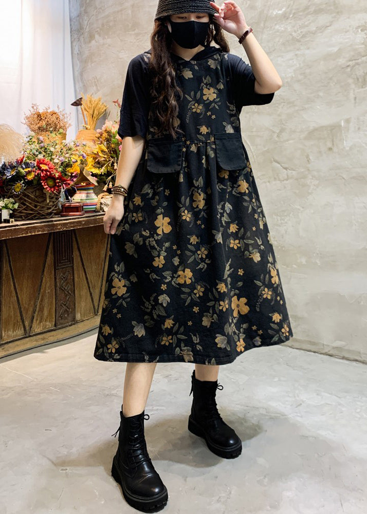 Black O-neck Print Pockets Cotton Long Dress Sleeveless