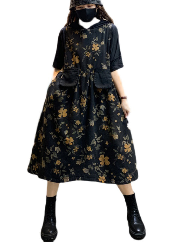 Black O-neck Print Pockets Cotton Long Dress Sleeveless