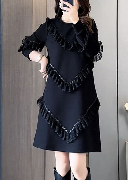Black O-neck Ruffled Patchwork Mid Dress Fall