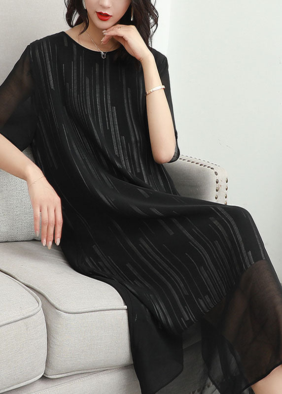 Black O Neck Striped Patchwork Chiffon Dress Summer