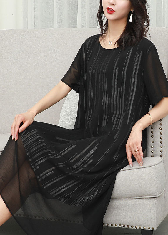 Black O Neck Striped Patchwork Chiffon Dress Summer