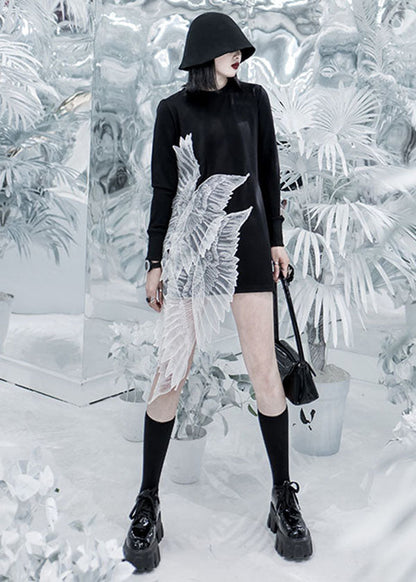 Black O-neck Wing Embroideried Tulle Patchwork Cotton Mini Dress Long Sleeve