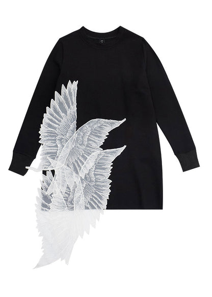 Black O-neck Wing Embroideried Tulle Patchwork Cotton Mini Dress Long Sleeve