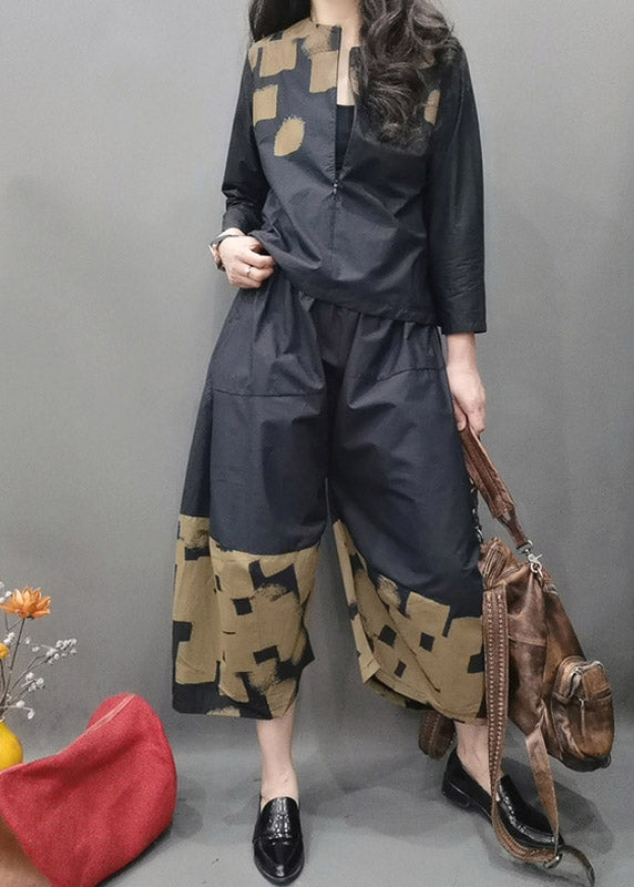 Black O-neck Zippered Cotton Top and Wide Leg Pants Two Pieces Set Spring