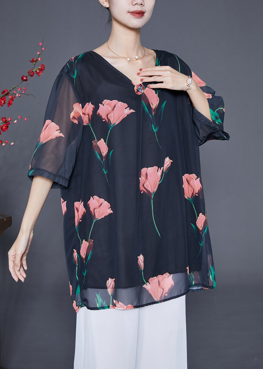 Black Oversized Chiffon Shirt Top Summer