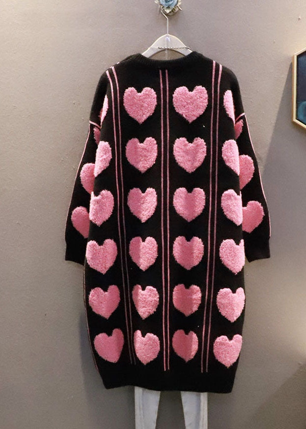 Black Oversized Loving Heart Jacquard Long Knit Dress Winter