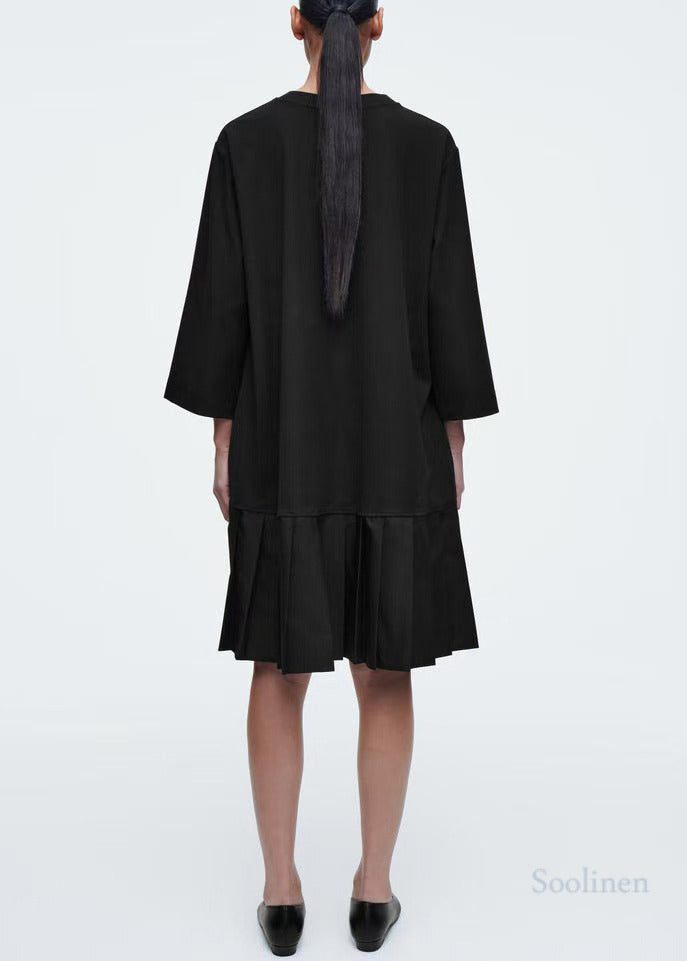 Black Oversized Patchwork Cotton Pleated Dress Bracelet Sleeve