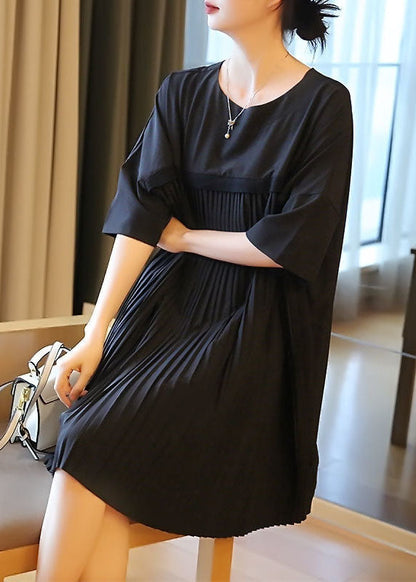 Black Oversized Patchwork Pleated Mid Dress Half Sleeve