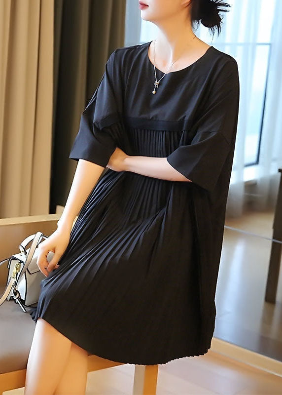 Black Oversized Patchwork Pleated Mid Dress Half Sleeve