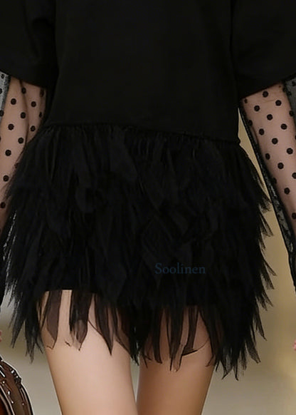 Black Oversized Patchwork Tulle Mini Dress Summer