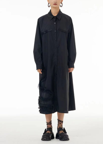 Black Oversized Patchwork Wrinkled Cotton Shirt Dress Spring
