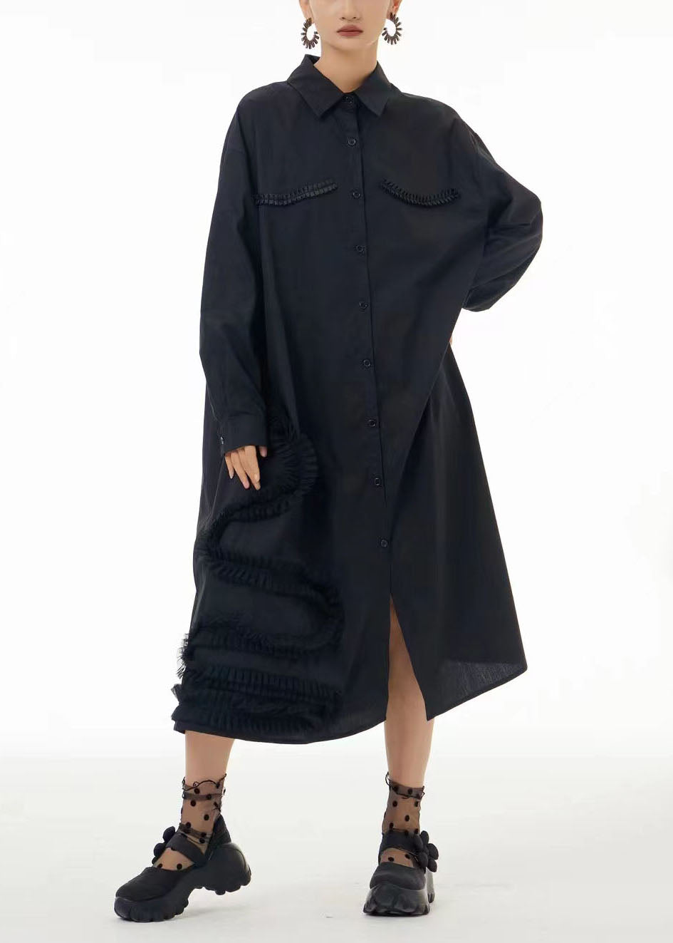Black Oversized Patchwork Wrinkled Cotton Shirt Dress Spring