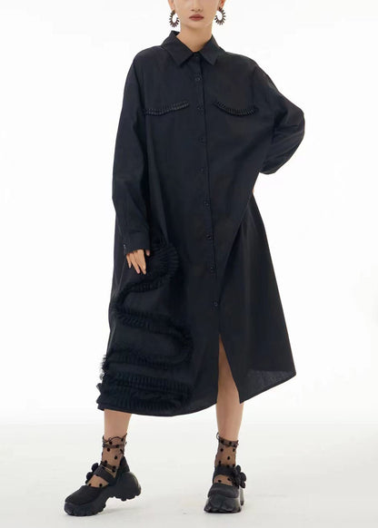 Black Oversized Patchwork Wrinkled Cotton Shirt Dress Spring