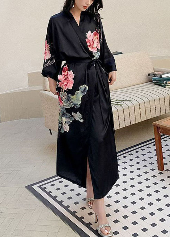 Black Oversized Print Ice Silk Loose Robe Summer