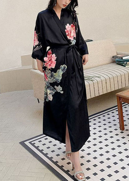 Black Oversized Print Ice Silk Loose Robe Summer