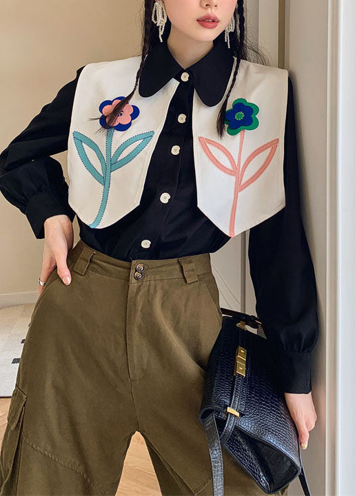 Black Patchwork Decorated Cotton Blouses Spring