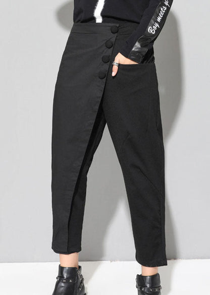 Black Patchwork Pockets Asymmetrical Design Fall Harem Pants