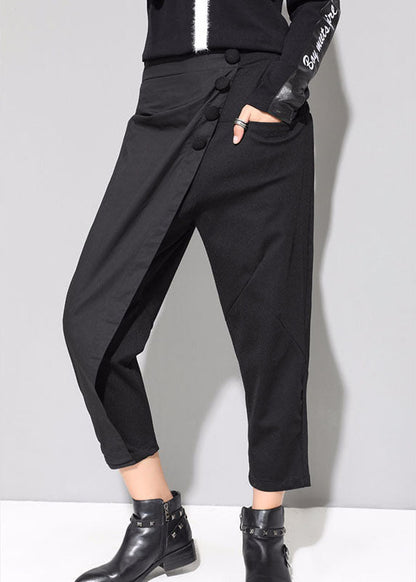 Black Patchwork Pockets Asymmetrical Design Fall Harem Pants