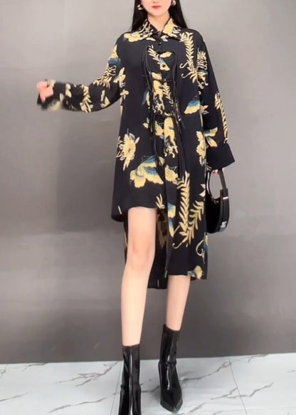 Black Peter Pan Collar Asymmetrical Print Long Dress Spring